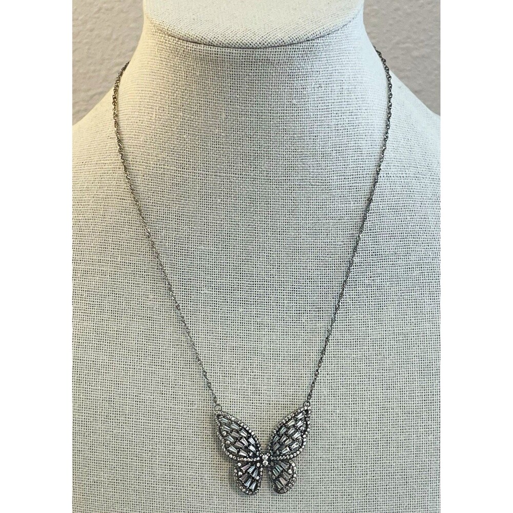 925 Sterling Silver Butterfly Charm Necklace Clear CZ Pavé Rolo 18in Adjustable